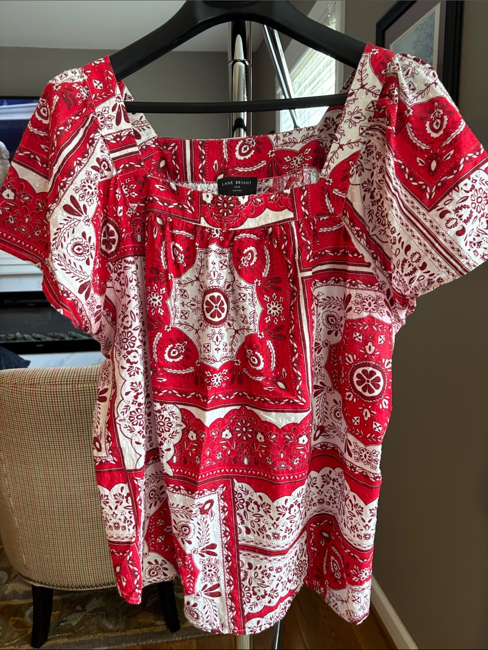 Lane Bryant Red & White Bandana-Print Puff Sleeve Top